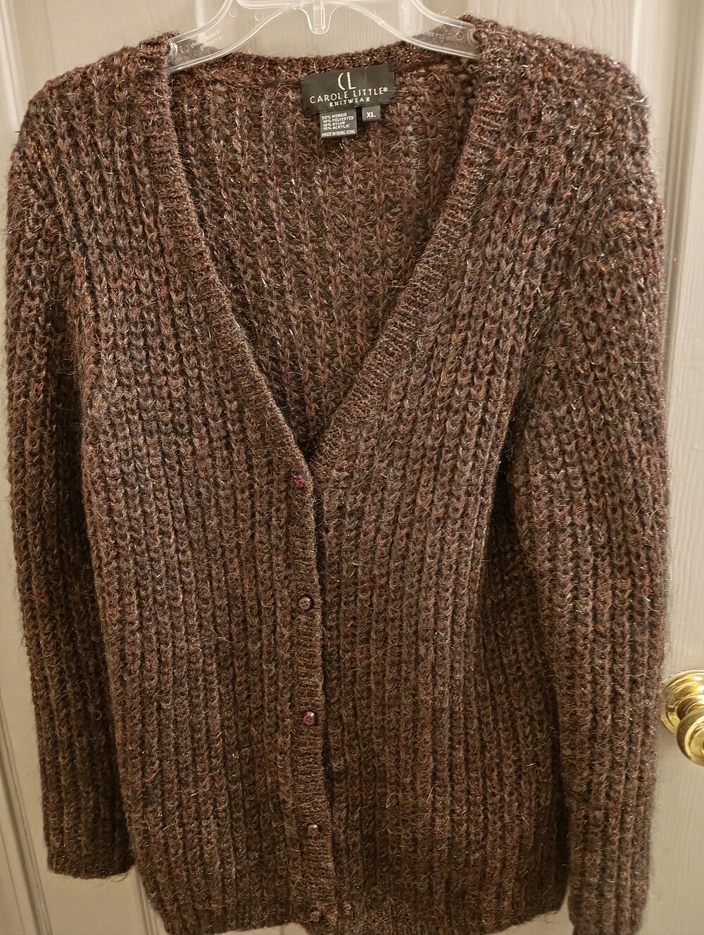 Carole Little Vintage Marled Brown Long V-Neck Button Cardigan